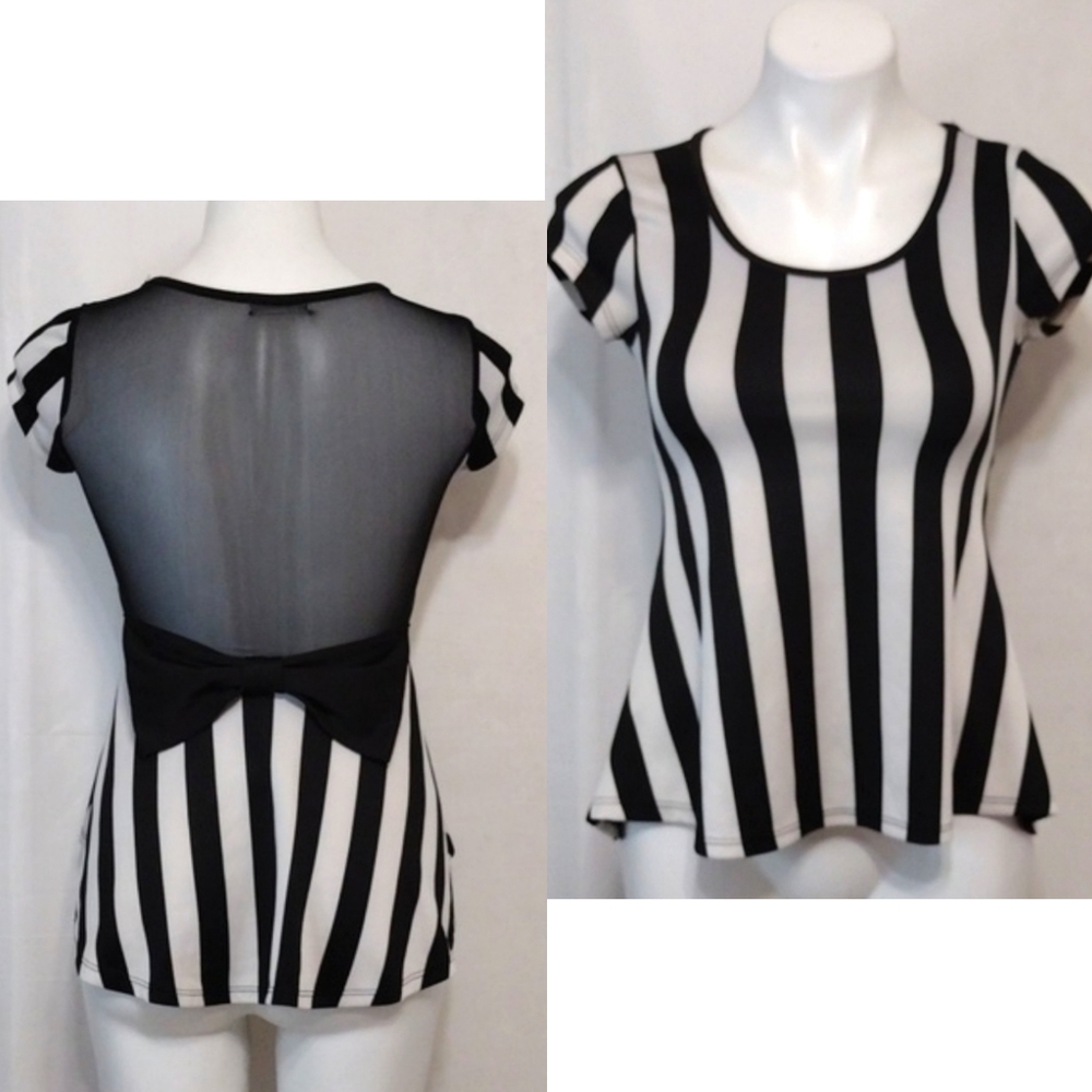 Persaya XS Black White Stripe Peplum Top Illusion Mesh Lace Back Dressy Blouse